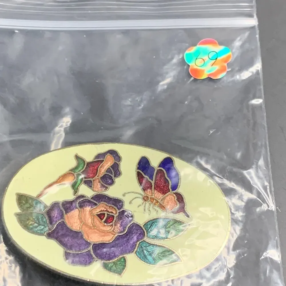 Vintage Cloisonne Floral Butterfly Oval Scarf Clip/ Belt Buckle